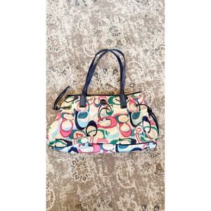 Coach Poppy Graffiti Print‎ Tote Shoulder Bag Navy Blue Leather Trim